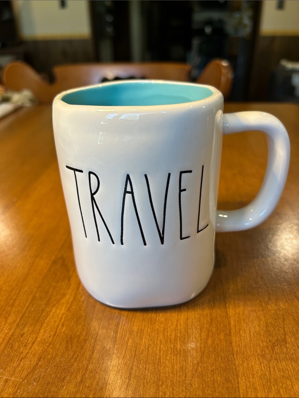 Rae Dunn White Ceramic 'Travel' Mug with Turquoise Interior